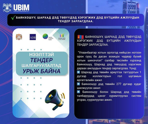 БАЯНХОШУУ, ШАРХАД ДЭД ТӨВҮҮДЭД ХЭРЭГЖИХ ДЭД БҮТЦИЙН АЖЛУУДЫН ТЕНДЕР ЗАРЛАГДЛАА.